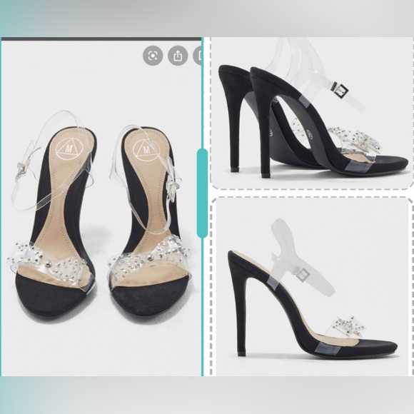 Missguided clear Perspex bow rhinestone ankle strap sandals heels black suede - Picture 1 of 10
